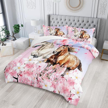 Kid Horse Comforter Set Full Room Floral Animal Theme Handsome Horse Chic Cherry Blossom Bedding Set 3D Wild Animal Decor Quilt Set for Girls Adult, 1 Comforter + 2 Pillowcases