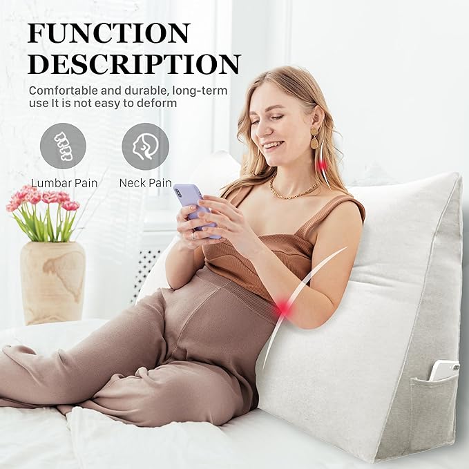 14 lbs Thickened King Headboard Pillow for Sitting Up in Bed, Back Support Reading Pillow with Side Pocket and Velvet Removable Cover, Triangular Large Wedge Headboard Pillow
