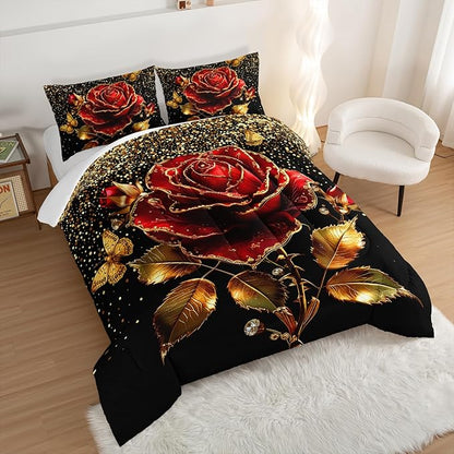 Gold Red Rose Comforter Set King Size,Golden Glitter Butterfly Pattern Bedding Set for Girls Women Couple Lover,Romantic Valentine's Day Floral Themed Bedding Set with 2 Pillowcases.