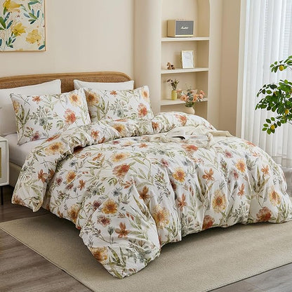 100% Cotton Duvet Cover King Size – Elegant Natural Yellow Floral Duvet Cover Set with Zipper Closure, 3-Piece Soft Breathable Durable Percale Cotton Bedding Set for All Seasons