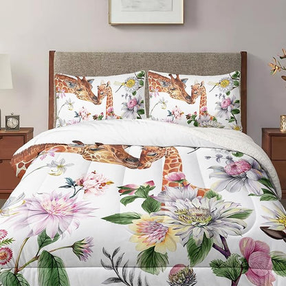 QOOMO Cartoon Giraffe Sherpa Plush Comforter Set, Twin Size 3 Pieces Animals Bedding Sets, Ultra Soft Cozy Fleece Bedding Set,Cute Bed Sets for All Seasons with 1 Comforter 2 Pillowcases