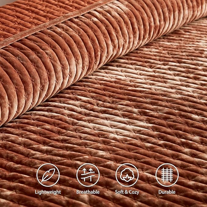 LEAONME Velvet Quilt King Size 98''x106'', Lightweight Burnt Orange Velvet Comforter Set with 2 Matching Shams, Soft Cross Stitch Bedspread Coverlet Bedding Set for All Season