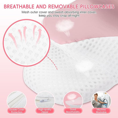 Cervical Neck Pillow for Pain Relief, Ergonomic Contour Pillow for Sleeping, 2 Heights Cooling Pillow for Neck and Shoulder Support, Memory Foam Orthopedic Pillow for Side Back Stomach Sleepers Pink