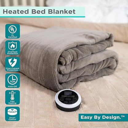 BLACK+DECKER Heated Blanket Electric Twin, Micro Plush Electric Blanket, Heating Blanket with 10 Heating Levels, 10H Timer, Auto Shutoff, Fast Heating (84x90 inches, Grey)