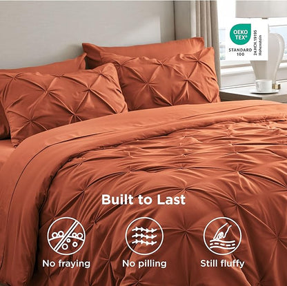 Bedsure Queen Comforter Set Burnt Orange - Bed in a Bag Queen Size Bedding 7 Pieces, GentleSoft™ Pintuck Bed Set Gift for Family, Pinch Pleat Burnt Orange Comforter with Sheets, Pillowcases & Shams