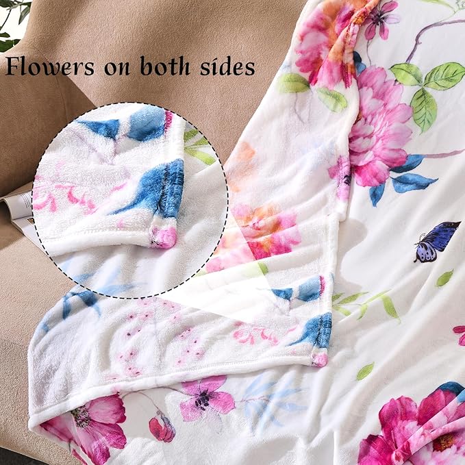 Floral Throw Blanket Birthday Gift for Women Mom Girls Peony Flowers Blanket Summer Wildflower Flannel Blanket Watercolor Printed Throw for Couch Sofa Bed Chair 50"x60"