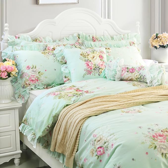 FADFAY Green Floral Duvet Cover Sets Vintage Flower Printed Bedding Ultra Soft 100% Cotton Designer Bedding Set 3 Pieces, 1duvet Cover & 2pillowcases (Twin Size, Ruffle Style)