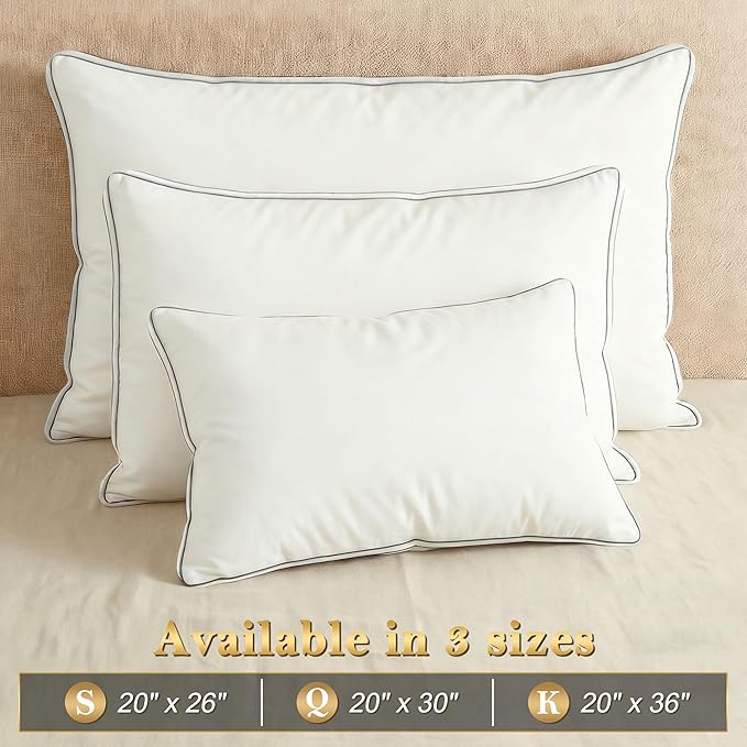 Feather Pillows Queen Size Set of 2 Goose Down Pillows with 100% Breathable Cotton Cover, Hotel Collection Bed Pillows for Sleeping, Soft Support for Back, Stomach and Side Sleepers