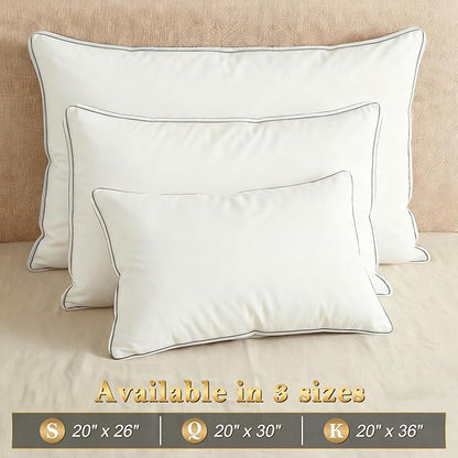 Feather Pillows King Size Set of 2 Goose Down Pillows with 100% Breathable Cotton Cover, Hotel Collection Bed Pillows for Sleeping, Soft Support for Back, Stomach and Side Sleepers