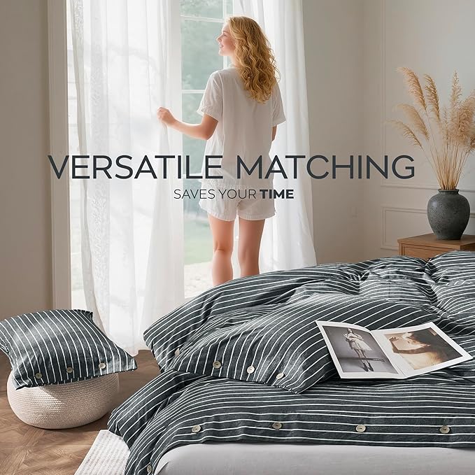 JELLYMONI Cotton Duvet Cover Queen Size - Gray Pinstriped Comforter Cover with Button 100% Washed Cotton 3PCS Breathable Soft Solid Bedding Set Duvet Cover 90×90in & 2 Pillowcases (NO Comforter)
