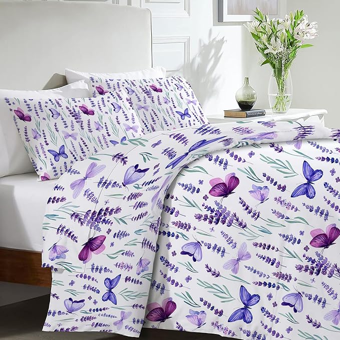 Lavender Bedding Set 3 Pieces Twin Size Purple Butterfly Duvet Cover Comforter Cover Sets with 2 Pillowcases for Boys Girls Teens Women