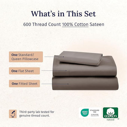 California Design Den Twin Bed Sheets 100% Cotton, 600 Thread Count Sateen, Soft, Cooling Brown Twin Sheet Set, Hotel-Quality Bedding with Deep Pockets (Mushroom - Taupe Brown)