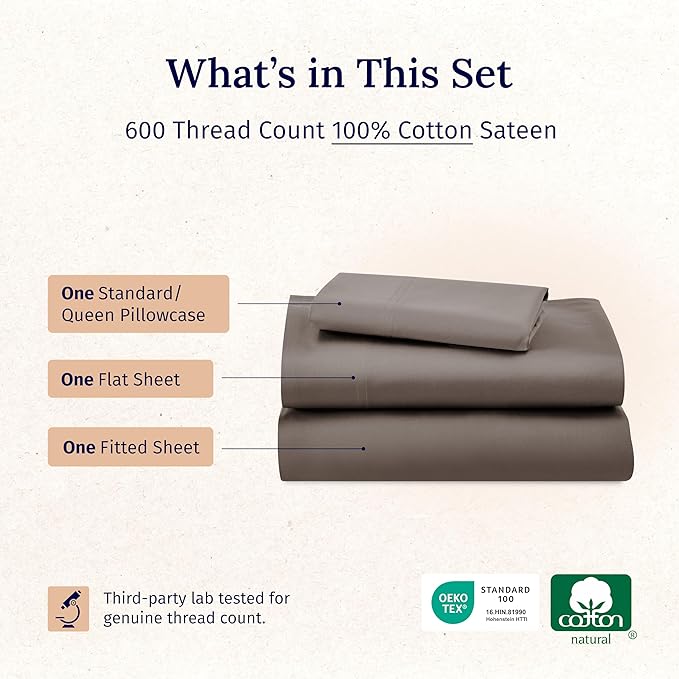 California Design Den Twin XL Sheet Set, 600 Thread Count Sateen, 100% Cotton Deep Pocket Sheets, Soft, Cooling Brown Sheet Set, Hotel-Quality Bedding (Mushroom - Taupe Brown)