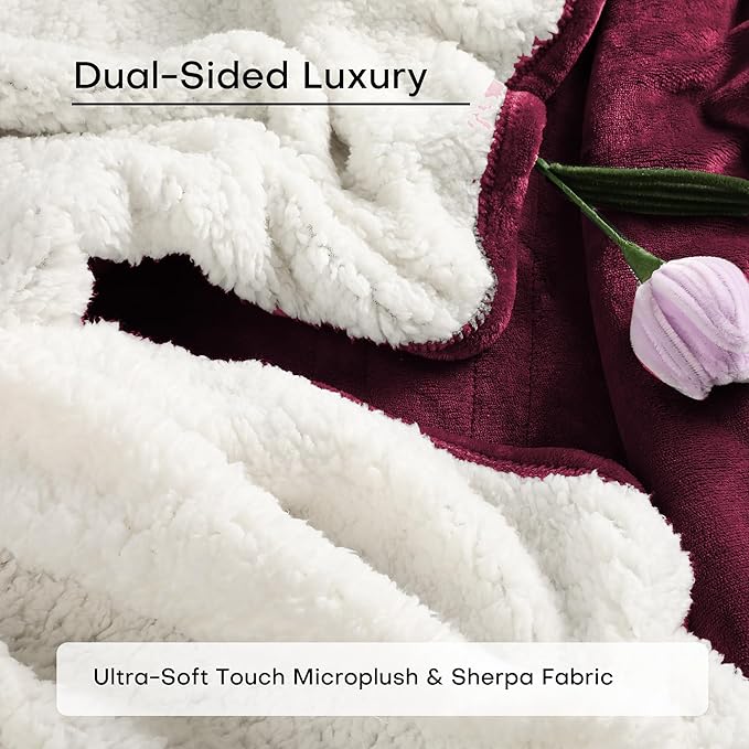 50"x60" Heated Electric Blanket Throw Thickened Flannel and Sherpa Heated Blanket,3 Hours Timer Auto-Off & 5 Heating Levels,for Bedroom Office Couch-WineRed