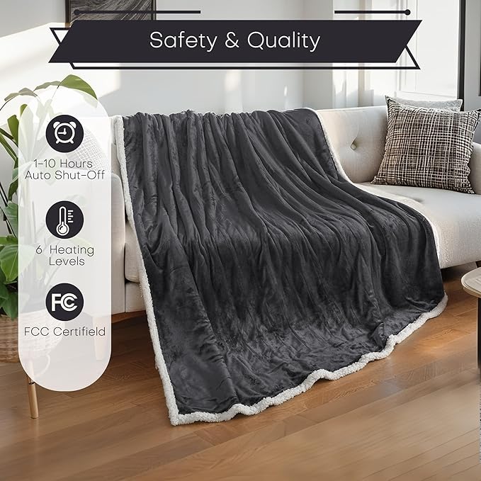 Electric Heated Blanket 62"x84" Twin Size - Flannel & Sherpa Fabric Dual-Sided, 6 Heat Settings & 10 Hours Auto Off, Soft & Cozy Warming Throw for Home, Office, or Bed, Machine Washable, Iron Gray