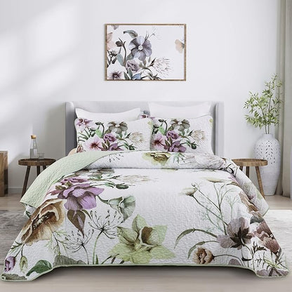 Drucon Floral Quilt Set Twin 2 Pieces Boho Green Floral Quilt Coverlet Set Soft Microfiber Lightweight Green Quilted Bedspread for All Season 68"x 86"