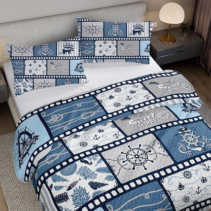 QOOMO Voyage Quilt Set Twin Size,Sailing Bedspread Coverlet Set,Ocean 3Pcs Bedding Set Printed Quilt with 2 Pillowcases,Soft and Lightweight,for All Seasons