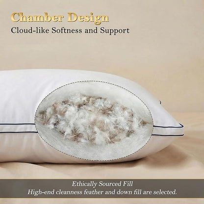 Feather Pillows Queen Size Set of 2 Goose Down Pillows with 100% Breathable Cotton Cover, Hotel Collection Bed Pillows for Sleeping, Soft Support for Back, Stomach and Side Sleepers