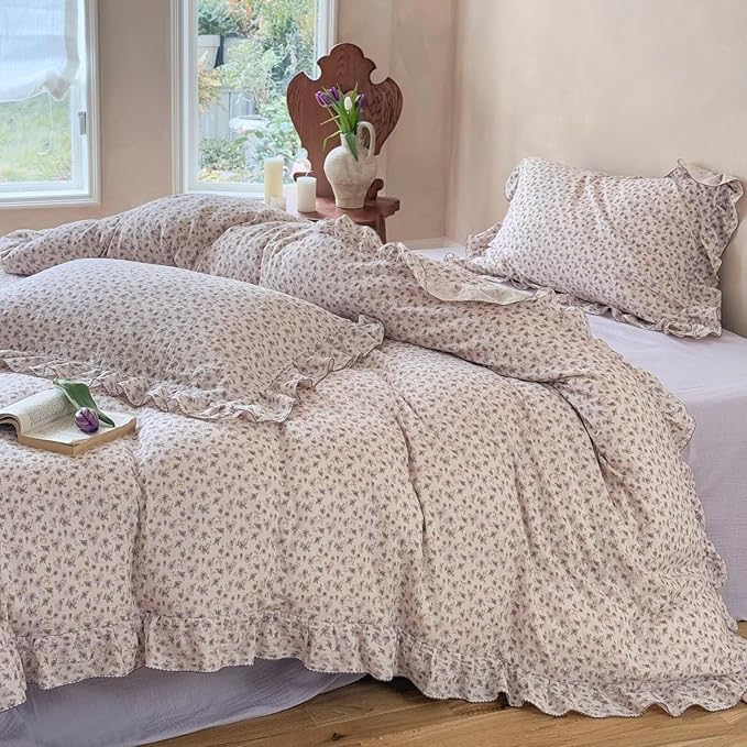BuLuTu Purple Floral Duvet Cover Twin, 100% Cotton Muslin Comforter Cover for Kids Toddler Girls, Shabby Chic Princess Bedding Ruffled Quilt Cover with 2 Pillow Cases, Soft Lightweight