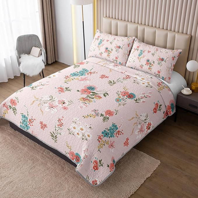 QOOMO Floral Quilt Set Twin Size,Flower Bedspread Coverlet Set,Flower 3Pcs Bedding Set Printed Quilt with 2 Pillowcases,Soft and Lightweight,for All Seasons