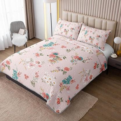 QOOMO Floral Quilt Set King Size,Flower Bedspread Coverlet Set,Flower 3Pcs Bedding Set Printed Quilt with 2 Pillowcases,Soft and Lightweight,for All Seasons