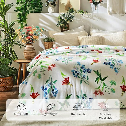 Floral Throw Blanket Birthday Gift for Women Mom Girls Flowers Blanket Summer Wildflower Flannel Blanket Watercolor Printed Throw for Couch Sofa Bed Chair 60"x80"