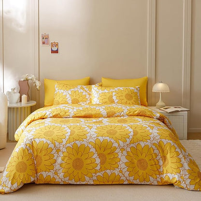 Wellboo Yellow Sunflower Comforter Sets Queen Boho Yellow Floral Bedding Set Cotton Women Girls White and Yellow Botanical Quilt Summer Floral Comforter Large Flower Plant Blankets Garden Bohemian Bed