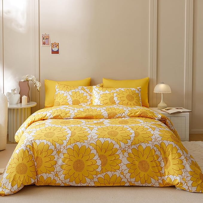 Wellboo Yellow Sunflower Comforter Sets Cal King Boho Yellow Floral Bedding Set California King Women Girls White and Yellow Botanical Quilt Summer Floral Comforter Large Flower Garden Bohemian Bed