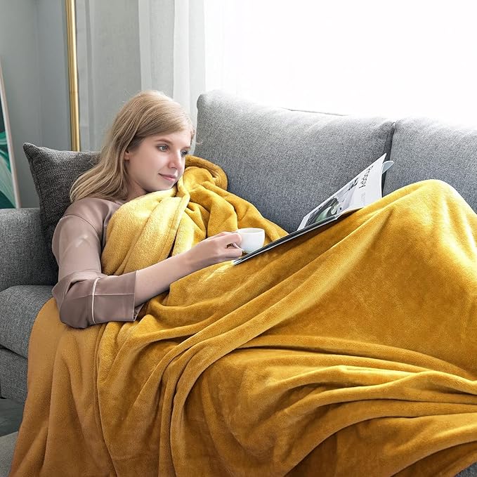 IR Imperial Rooms Fleece Blankets Queen Size 90x90 Inches - Super Soft Fluffy Throw Blanket for Sofa and Bed - Warm and Cozy Lightweight 400 GSM Microfiber Bed Throws Blankets (Queen, Mustard)