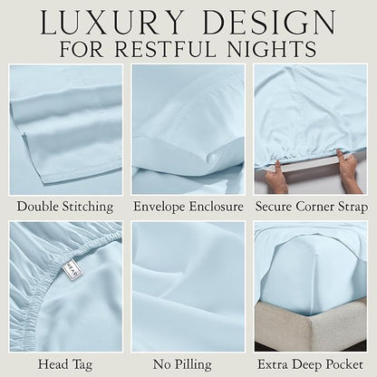 KARISSA MAE Cooling Bamboo Viscose Queen Sheet Set | 100% Organically Grown | 18” Deep Pocket | Silky, Soft, & Hypoallergenic | with Organizer Band & Elastic Corner Straps [Coastal Blue]