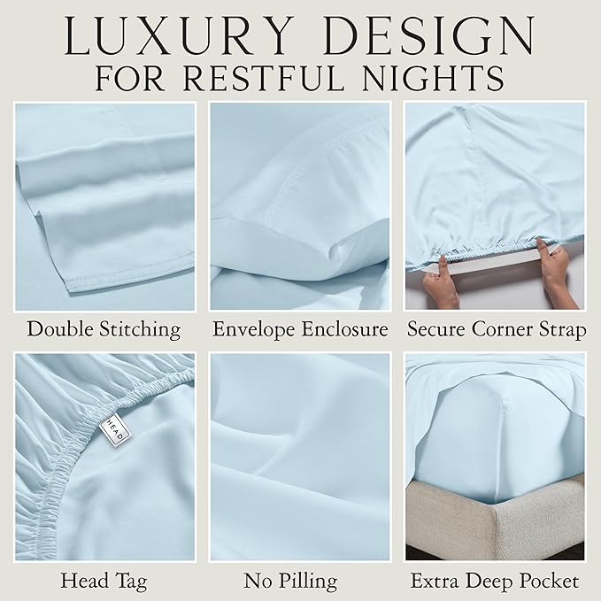 KARISSA MAE Cooling Bamboo Viscose Split King Sheet Set | 100% Organically Grown | 18” Deep Pocket | Silky, Soft, & Hypoallergenic | with Organizer Band & Elastic Corner Straps [Coastal Blue]