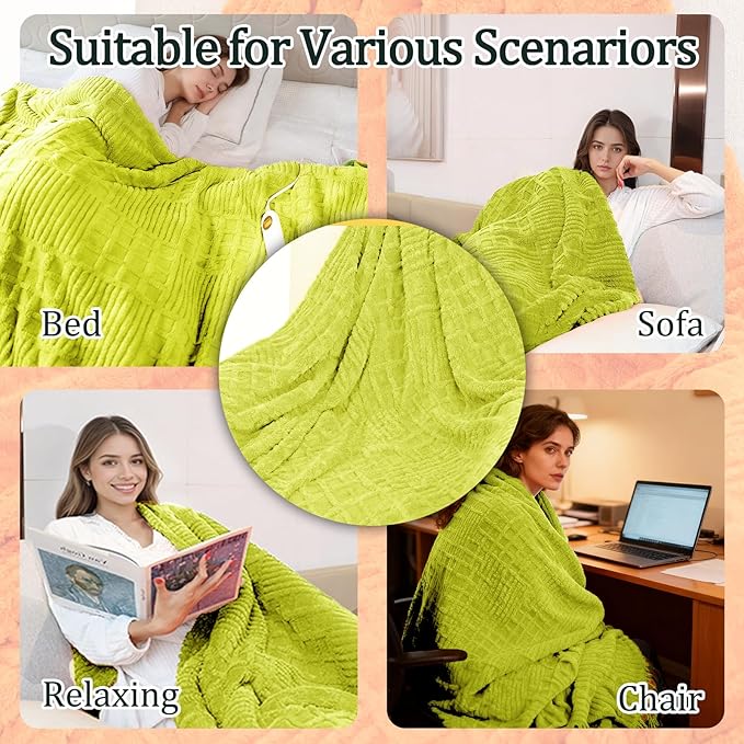 Heated Blanket Queen Size, 84"x90" Electric Heating Waffle, Machine Washable Blanket, 12 Heat Levels & 12 Hours Auto Off, Soft Warm Flannel Blanket, Overheat Protection with ETL & FCC (Tender Green)