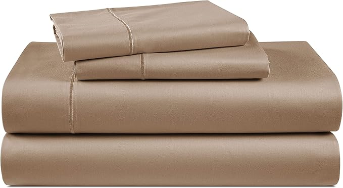 100% Egyptian Cotton Sheet Set Queen Size – Silky Sateen Weave Queen Sheet Set for Winter Sleep Comfort, 15" Snug Fit Deep Pocket, Breathable & Durable, Hotel-Quality Soft Luxury You Can Feel - Taupe