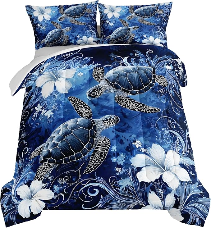HOSIMA Sea Turtle Twin Comforter Set,Sea Turtles Surrounded by Flowers Print Coastal Bedding for Kids Girls Boys Room Decor,Stems Leaves Pattern Lightweight Ocean Themed Bedding with 2 Pillowcases.