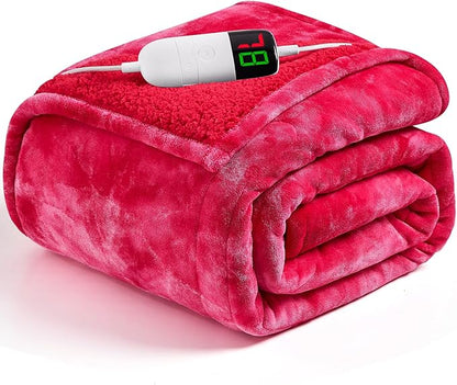greenoak Heated Electric Blanket Throw, Faux Fur Sherpa Heating Blanket for Sofa Bed, Warm Winter Gifts for Mom/Grandma, Heater Lap Blankets 5-Position Timer &10 Heating Levels 62''*84" Red