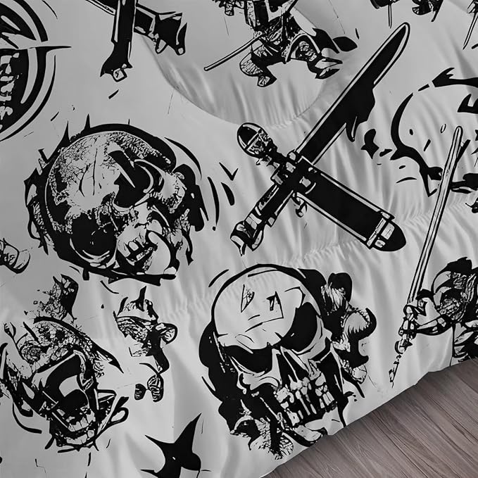 Grey Gaming Comforter Set Full: Pirates Skull Bedding Set for Boys Kids Men Teen Bed Bedroom Dorm Nautical Samurai Ninjas Quilt 1 Comforter + 2 Pillow Cases