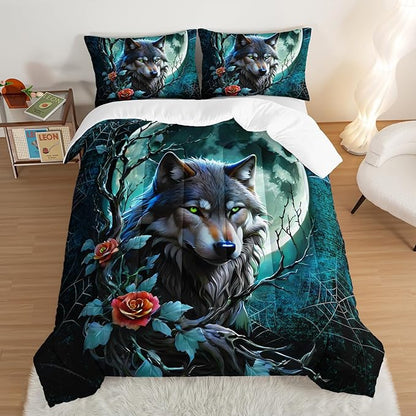 Wildlife Themed Bedding Wolf Comforter Set,Spooky Spider Web Vine Print Comforter Full Kids Bed in a Bag,Moonlight Aesthetic Bedding Sets for Boys Teens Room Decor with 2 Pillowcases.