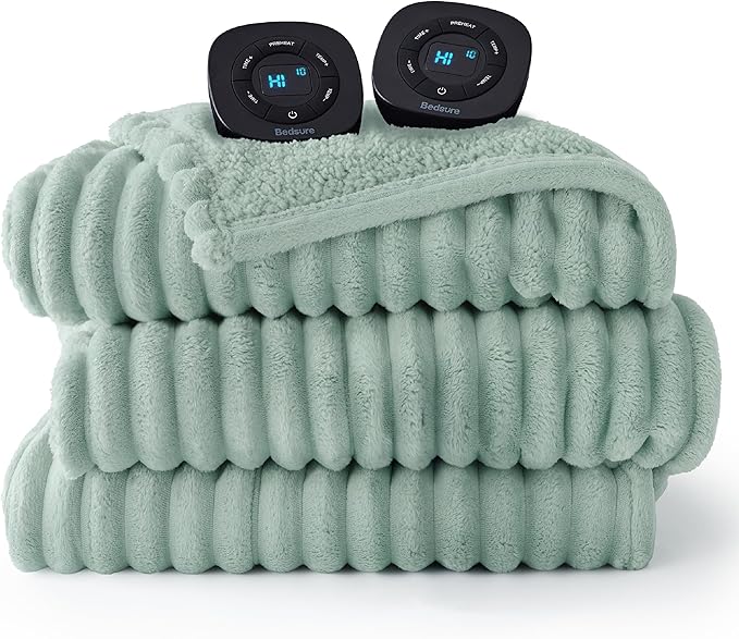 Bedsure Electric Blanket Queen Size - Thick Striped Flannel Electric Blanket with Dual Control, Heating with 10 Heat Settings & 10 Time Settings, 8 hrs Timer Auto Shut Off (84x90 inches, Green)
