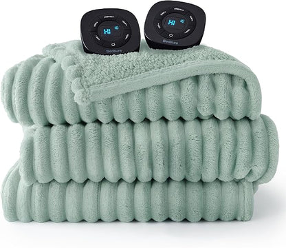Bedsure Electric Blanket Queen Size - Thick Striped Flannel Electric Blanket with Dual Control, Heating with 10 Heat Settings & 10 Time Settings, 8 hrs Timer Auto Shut Off (84x90 inches, Green)