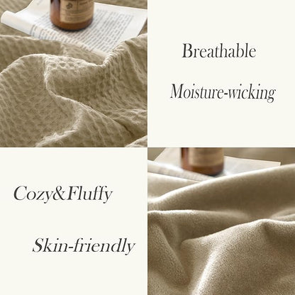 CHUFFED Cotton Waffle Blanket King Size - Plush Milk Velvet & Reversible Waffle Weave,Anti-Static 500Gsm Design，Thick Cozy Soft Winter Blanket for Bed, Couch, Sofa - Khaki, 104x90 Inches