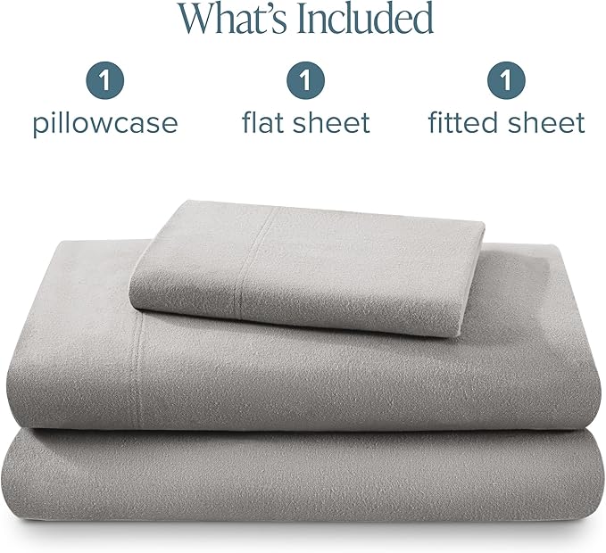 Bare Home Flannel Sheet Set 100% Cotton, Velvety Soft Heavyweight - Double Brushed Flannel - Deep Pocket (Twin, Light Grey)