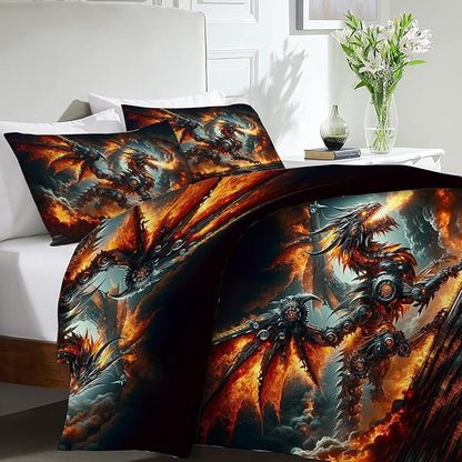 Dragon Bedding Set 3 Pieces King Size Flame Dragon Duvet Cover Comforter Cover Sets with 2 Pillowcases for Boys Girls Teens Men Women