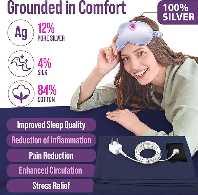 Earth Grounding Sheets King Size with 12% Silver Fiber & 4% Silk & 84% Cotton - Dark Blue - SGS Quality Certified Grounded Well Bed Sheet - Conductive Fitted Sheet for Better Sleep