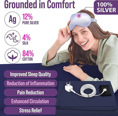 Earth Grounding Sheets King Size with 12% Silver Fiber & 4% Silk & 84% Cotton - Dark Blue - SGS Quality Certified Grounded Well Bed Sheet - Conductive Fitted Sheet for Better Sleep