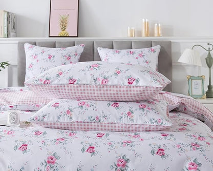 FADFAY Rose Duvet Cover Set Full Pink Floral Bedding Vintage Botanical Flower Quilt Cover Set Rustic Farmhouse Bedding 100% Cotton Soft Comforter Cover with Hidden Zipper Closure 3Pcs, Full Size