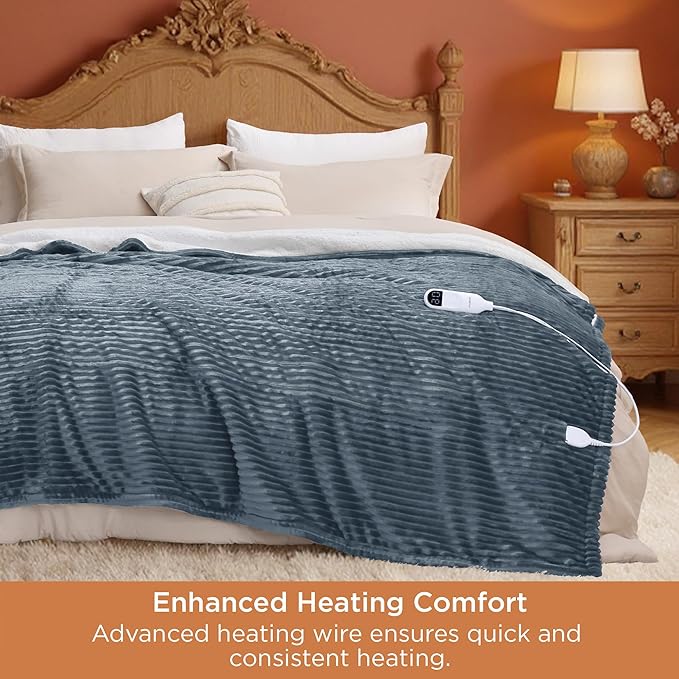 Bedsure GentleSoft Electric Blanket King Size - Soft Ribbed Flannel Heated Blanket with Dual Control, Heating with 10 Heat Settings & 10 Time Settings, 8 hrs Timer Auto Shut Off (90x100 inches, Grey)