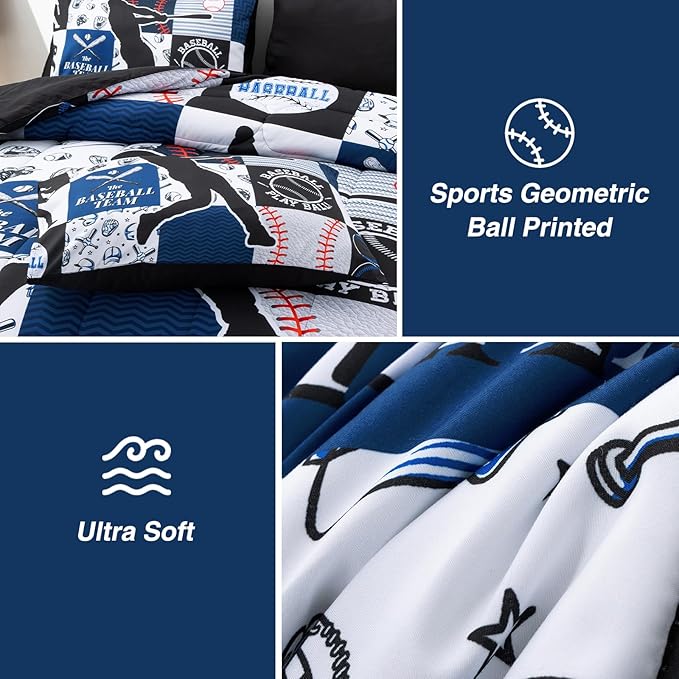 A Nice Night Sports Geometric Grid Black Patchwork Baseball Printed for Boys Twin 6Pcs Bed in A Bag Comforter Bedding Set,Blue