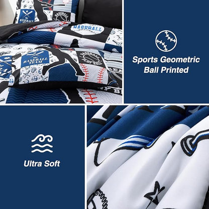 A Nice Night Sports Geometric Grid Black Patchwork Baseball Printed for Boys Full 6Pcs Bed in A Bag Comforter Bedding Set,Blue