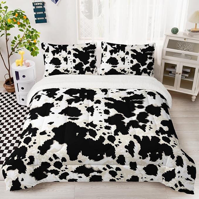 QOOMO Cow Stripes Sherpa Fleece Bedding Comforter Set Full Size 3 Pcs, Fluffy Warm Animal Texture Printing Comforter for Winter with 2 Pillow Shams, Flannel Thick Bedding Set