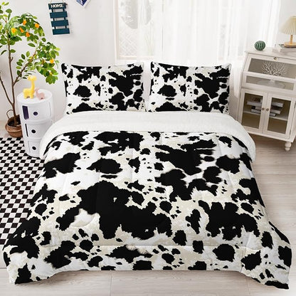 QOOMO Cow Stripes Sherpa Fleece Bedding Comforter Set Full Size 3 Pcs, Fluffy Warm Animal Texture Printing Comforter for Winter with 2 Pillow Shams, Flannel Thick Bedding Set